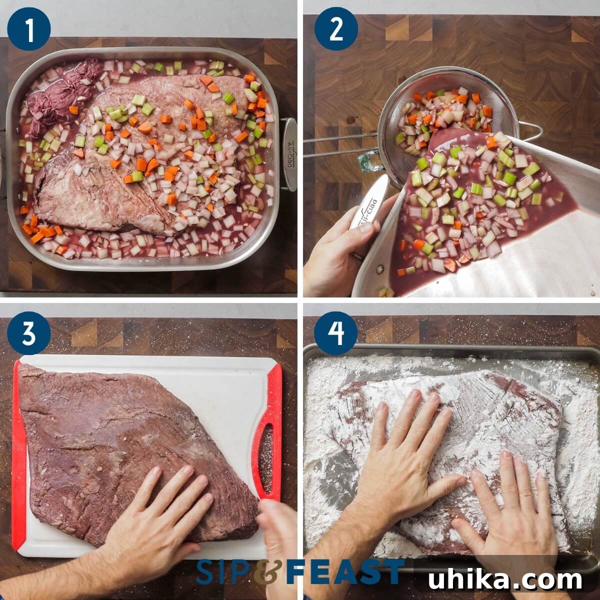 Brasato al Barolo recipe collage number one showing marinating of brisket and vegetables in red wine, straining wine, seasoning brisket, and dredging brisket in flour.