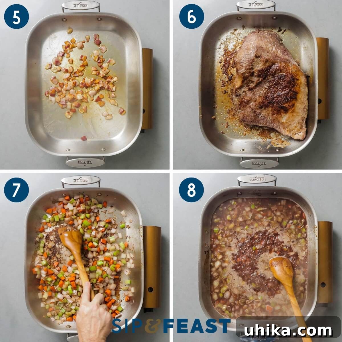 Recipe collage number two showing sauteing of pancetta, searing brisket in fat, sauteing vegetables in pan, and adding wine and bringing to boil.