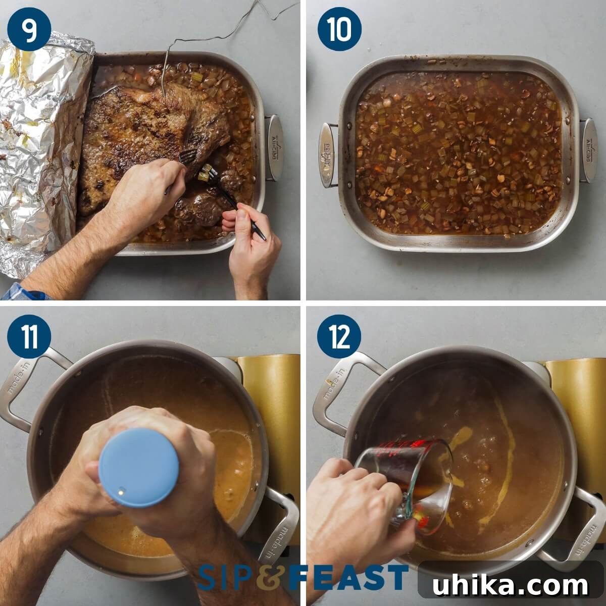 Recipe collage number three showing testing tenderness of brisket, removing fat, using immersion blender in pot, and adding marsala wine to pot.