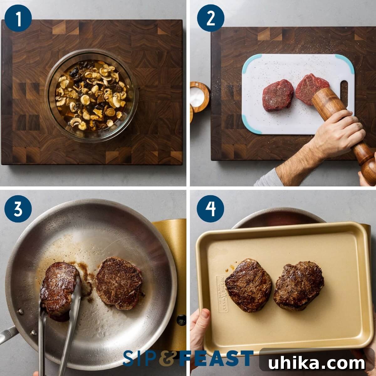 Rich Marsala-Braised Beef 4 Collage showing steps for preparing Beef Marsala: soaking dried mushrooms, seasoning the filet mignon, and searing the steak in a stainless steel pan.