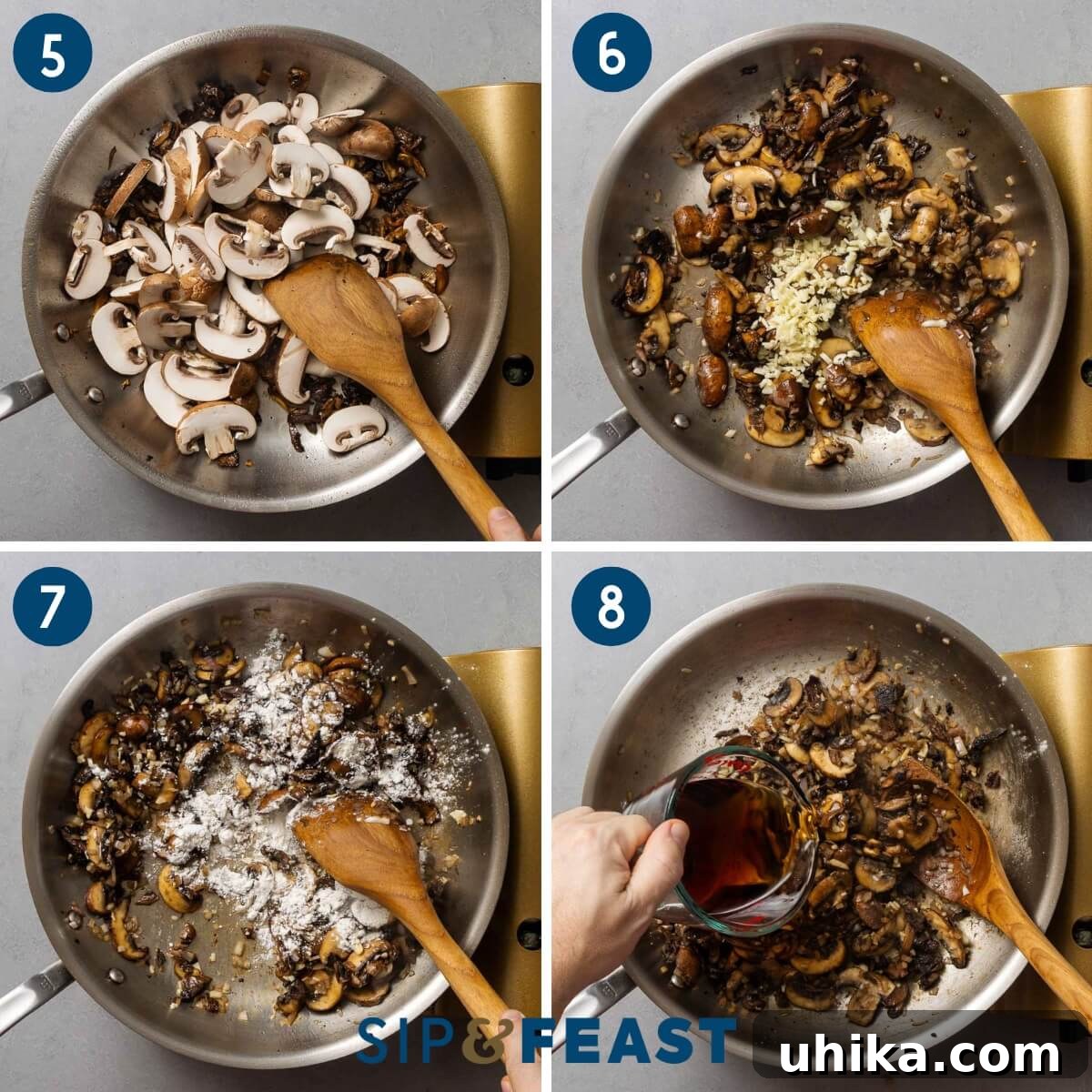 Rich Marsala-Braised Beef 5 Collage showing further steps for Beef Marsala: sautéing mushrooms, adding shallots and garlic, incorporating flour, and deglazing the pan with Marsala wine.