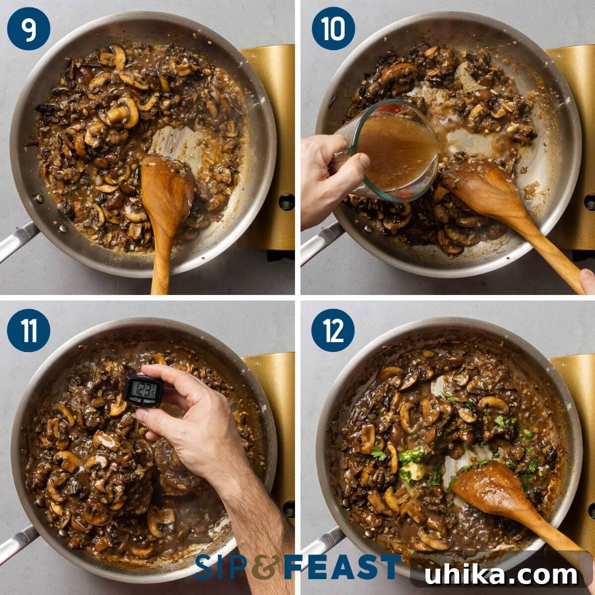Rich Marsala-Braised Beef 6 Collage depicting the final stages of Beef Marsala preparation: sauce thickening, and finishing the beef within the rich Marsala sauce.