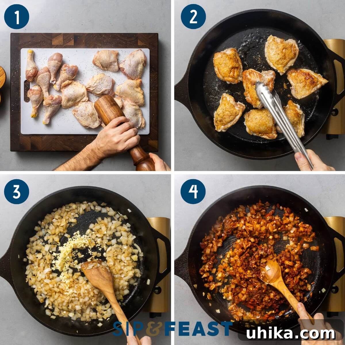 Hearty Paprikash Chicken with Cloud-Like Dumplings 4 Chicken paprikash recipe collage group one showing seasoning of chicken pieces, pan-searing in cast iron pan, sauteing onions, and mixing paprika into pan.