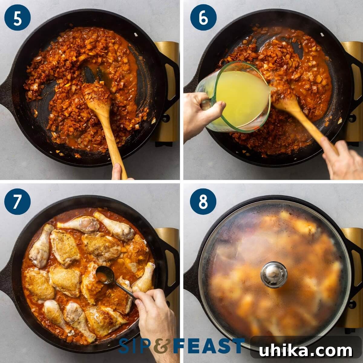 Hearty Paprikash Chicken with Cloud-Like Dumplings 5 Recipe collage two showing deglazing with wine, adding chicken stock, and cooking chicken pieces in the sauce.
