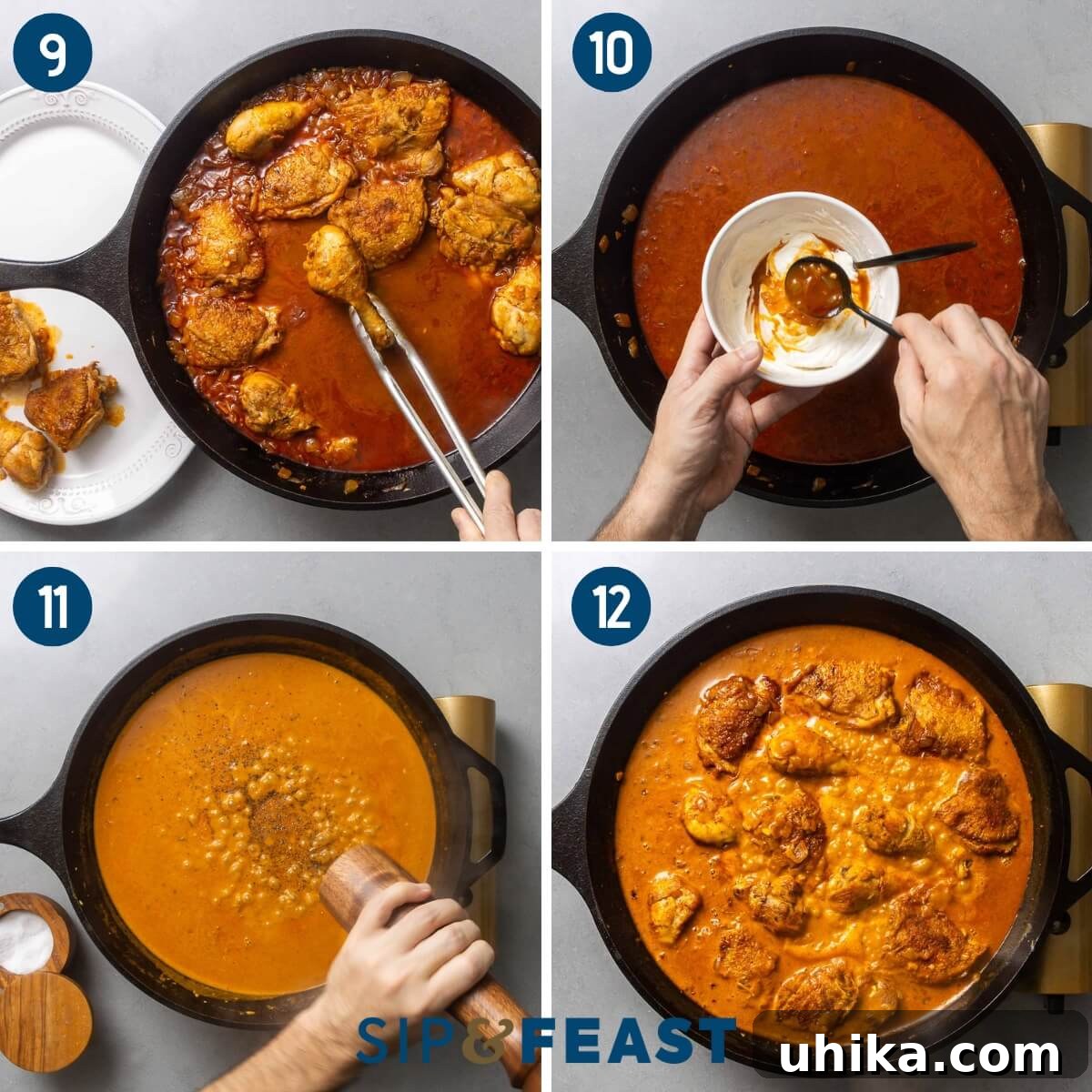 Hearty Paprikash Chicken with Cloud-Like Dumplings 6 Recipe collage three showing removing chicken to a platter, tempering sour cream, seasoning sauce, and simmering chicken in the sauce.