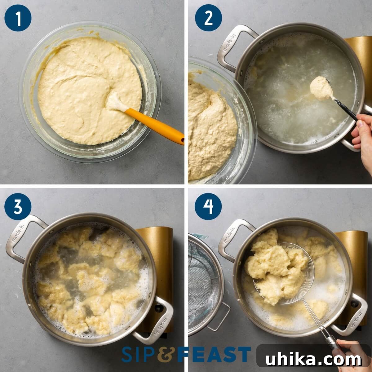 Hearty Paprikash Chicken with Cloud-Like Dumplings 7 Dumplings process collage showing batter in bowl, boiling dumplings, and scooping out dumplings with strainer.