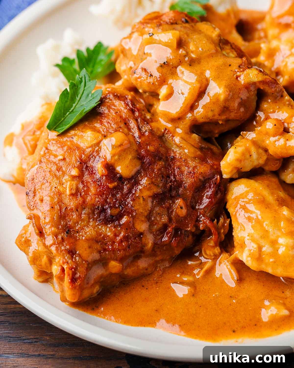 Hearty Paprikash Chicken with Cloud-Like Dumplings 8 Chicken paprikash and dumplings in white plate.