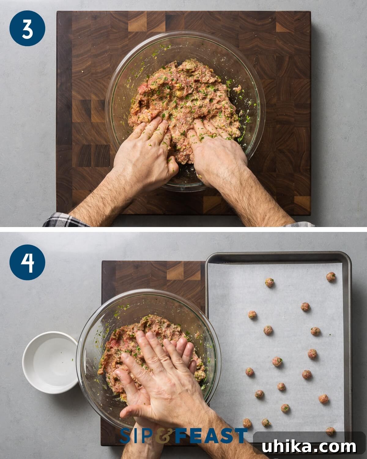 Italian Wedding Feast Soup 5 Recipe collage two showing mixing of meatballs with hands and forming the mix into tiny meatballs.