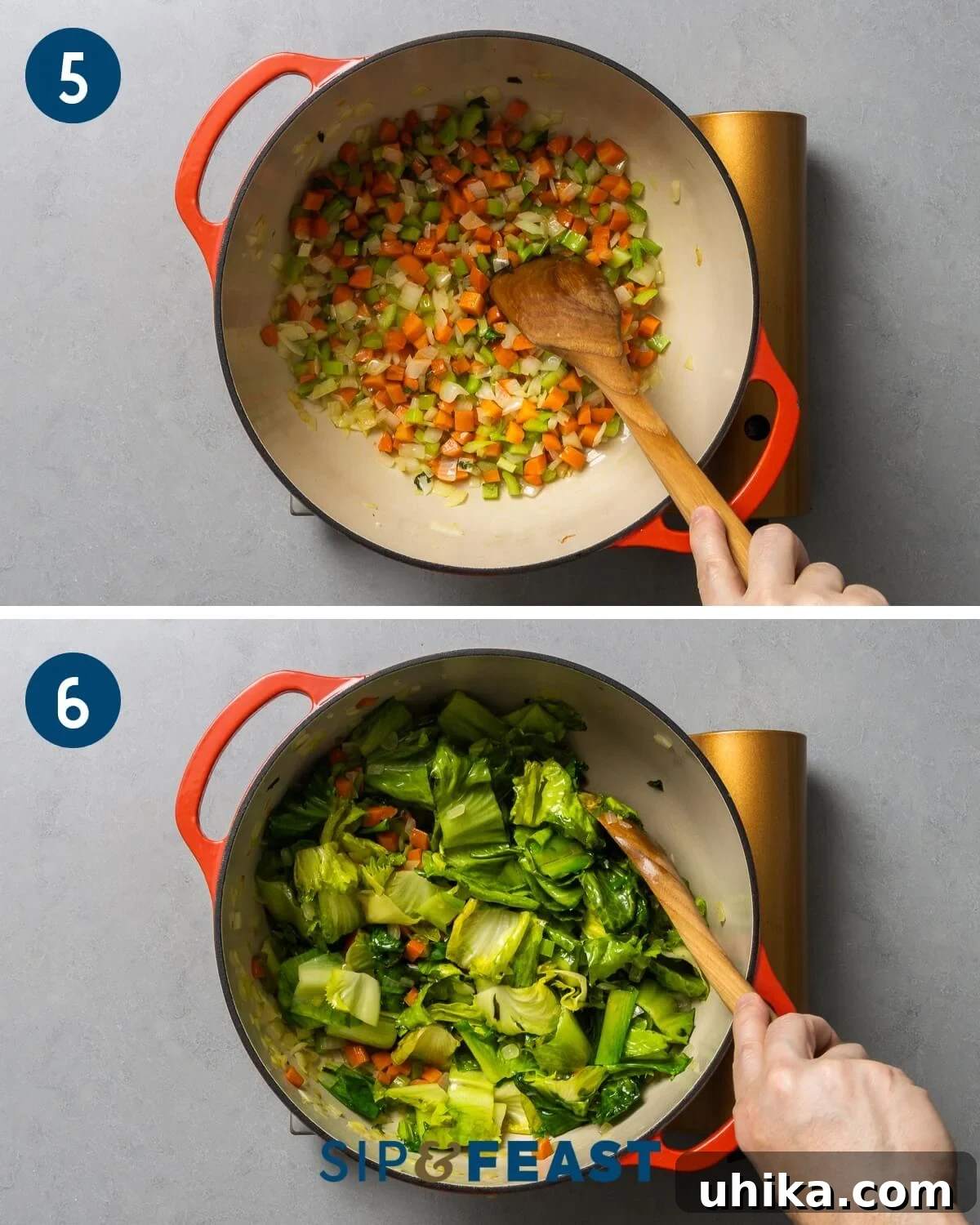 Italian Wedding Feast Soup 6 Recipe collage three showing sauteing of vegetables in large pot and adding escarole to the pot.
