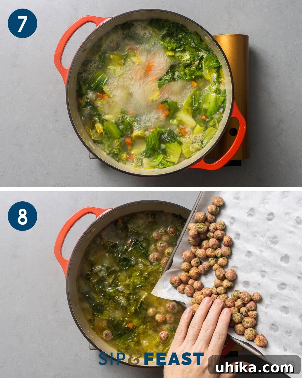 Italian Wedding Feast Soup 7 Recipe collage four showing boiling of soup and adding meatballs into pot.