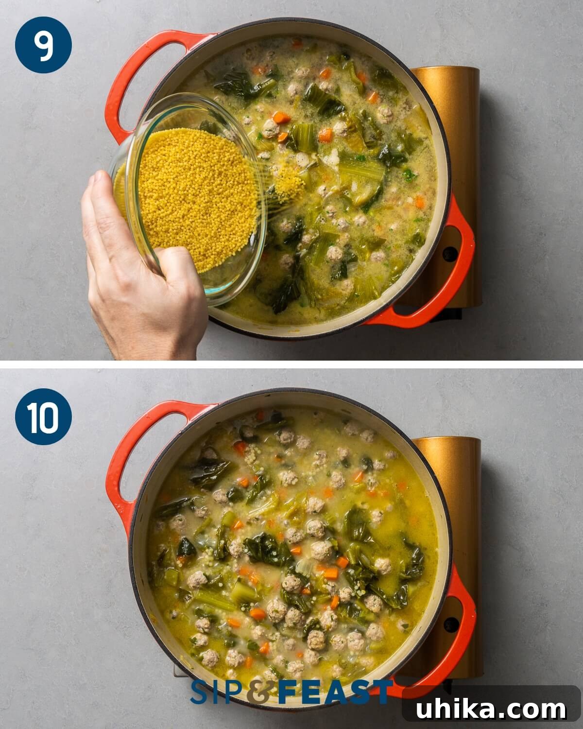 Italian Wedding Feast Soup 8 Recipe collage five showing adding of acini di peppe to the soup and the final soup ready to be served.