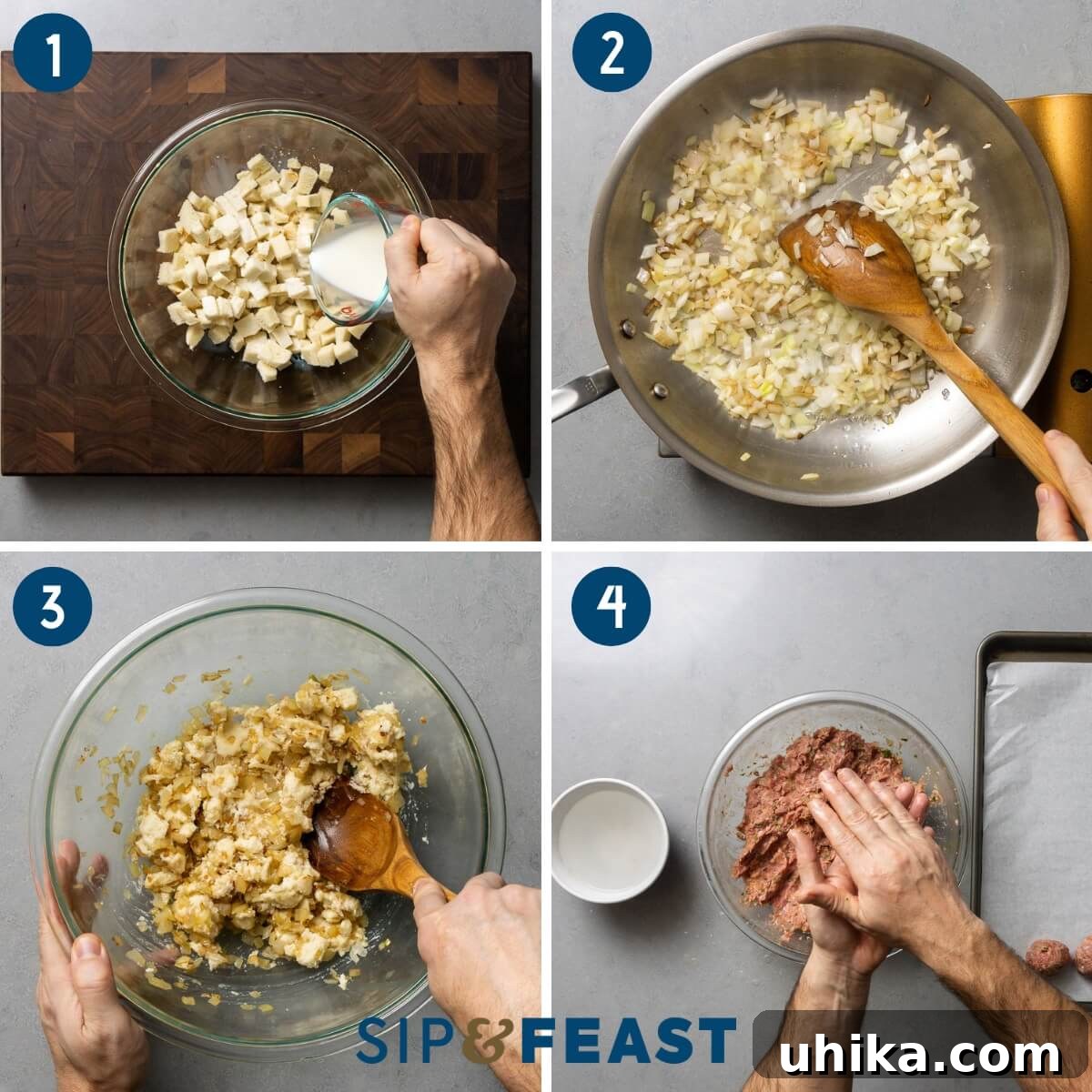 Nordic Meatball Delight 4 A four-panel collage showing the process of making Swedish meatballs: 1. Mashing bread and milk for panade. 2. Sautéing onions and garlic. 3. Mixing panade with ground meats and spices. 4. Rolling individual meatballs.