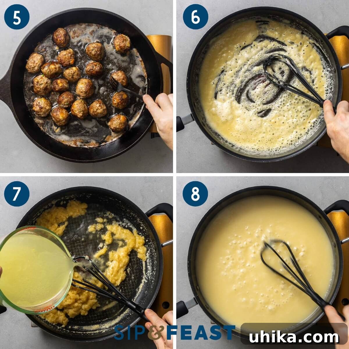 Nordic Meatball Delight 5 A four-panel collage illustrating the gravy making process: 1. Frying meatballs to golden perfection. 2. Preparing a roux with butter and flour. 3. Pouring chicken stock into the pan. 4. Whisking the gravy to a smooth consistency.