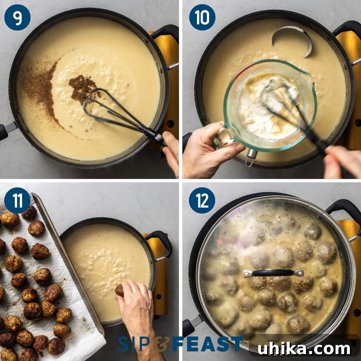 Nordic Meatball Delight 6 A four-panel collage depicting the final stages of Swedish meatball preparation: 1. Mixing cream and spices into the gravy. 2. Tempering sour cream in a separate bowl. 3. Adding browned meatballs to the finished gravy. 4. Simmering the meatballs in gravy with the lid ajar.