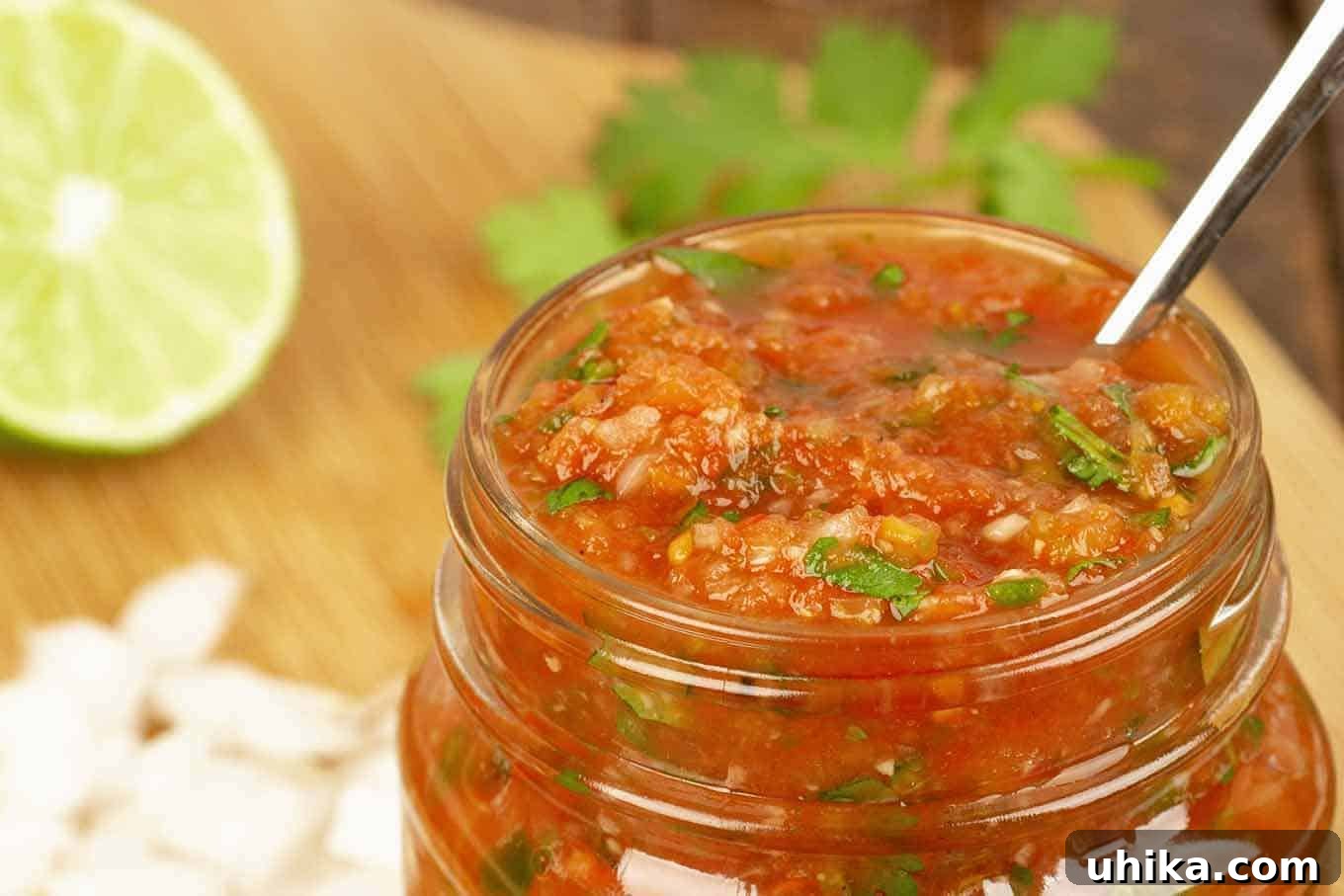 Effortless Homemade Salsa 3 A beautifully garnished open jar of homemade salsa, with vibrant green cilantro sprigs. In the soft-focus background, fresh ingredients are scattered on a cutting board, suggesting the preparation process.