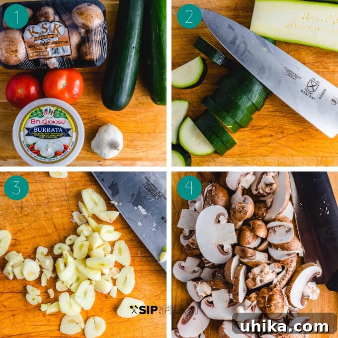 Zucchini and Mushroom Prep Stages Collage showing the first steps of preparation for Sauteed Zucchini and Mushrooms: whole ingredients, precisely sliced zucchini, finely chopped garlic, and cleaned, prepped mushrooms.