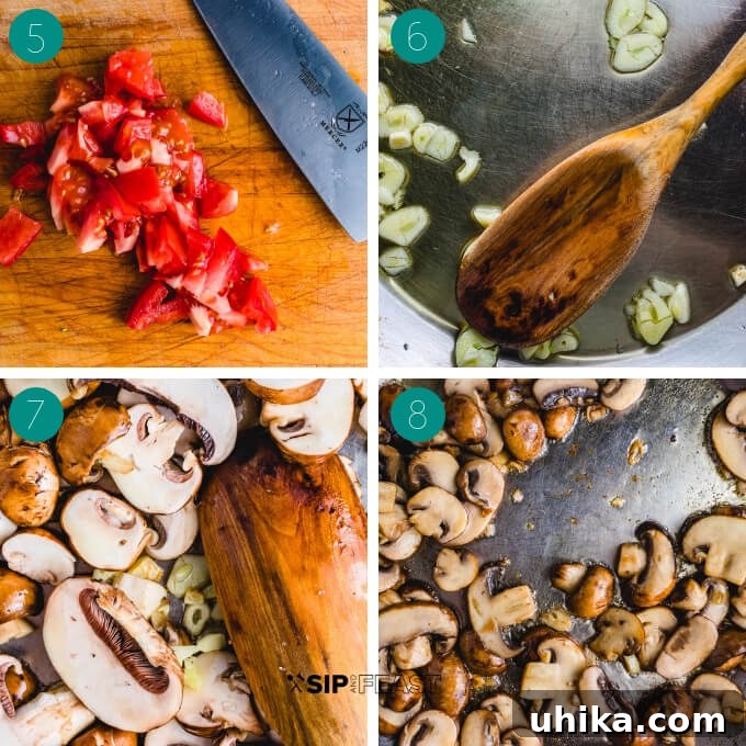 Sautéing Garlic and Mushrooms Stages Collage showing the second set of cooking steps for Sauteed Zucchini and Mushrooms: finely chopped tomatoes, garlic gently sautéing in oil, mushrooms absorbing the oil, and mushrooms perfectly browned after releasing their water.