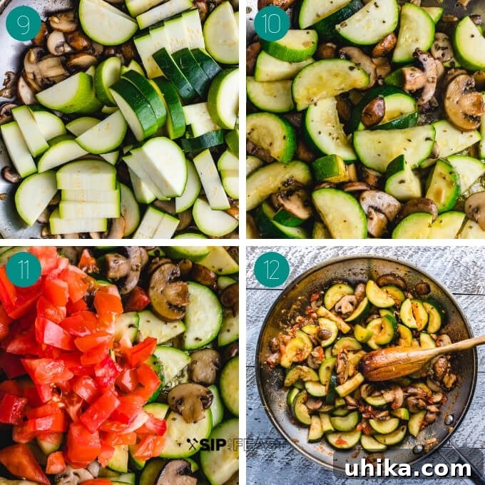 Final Sautéing Steps for Zucchini and Mushrooms Collage displaying the final cooking stages of Sauteed Zucchini and Mushrooms: zucchini added to the pan, seasoning sprinkled over, tomatoes mixed in, and the vibrant finished sautéed vegetable dish ready for the burrata.
