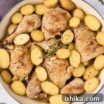Hearty Braised Chicken and Potatoes 8 Braised chicken legs with baby potatoes, garlic, and thyme in a large pan after cooking.