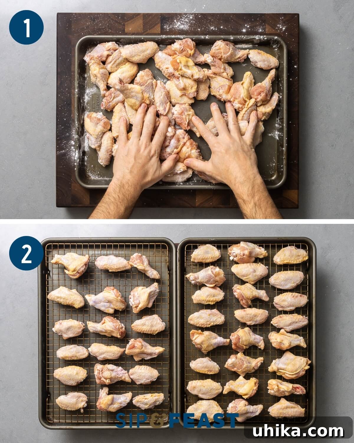 Buffalo Wing Perfection 4 Process collage showing chicken wings being tossed in baking powder and salt mixture, and then arranged on wire racks over baking sheets.