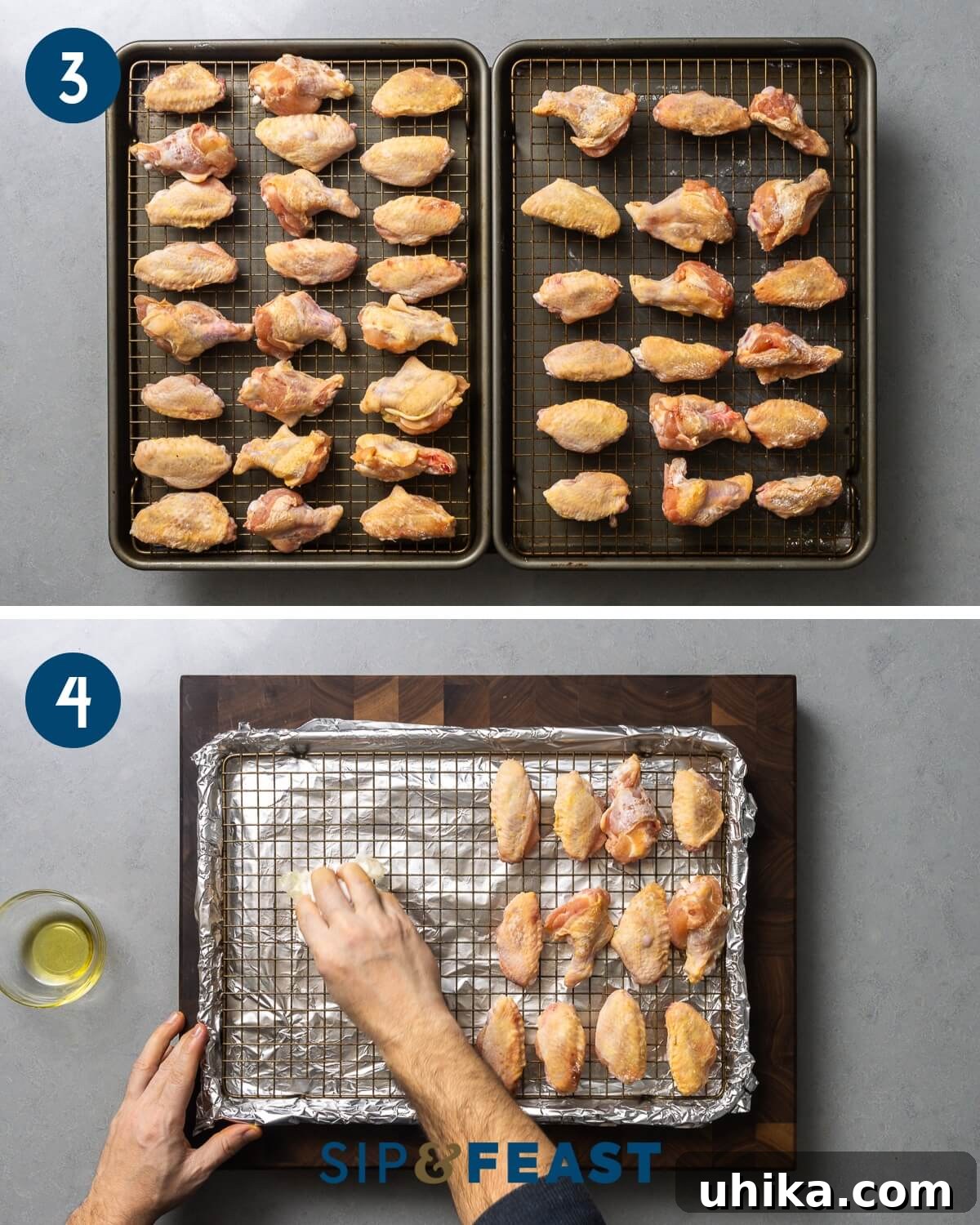 Buffalo Wing Perfection 5 Process collage showing chicken wings after 24 hours of refrigeration, looking drier, and then showing how to lightly oil wire racks before baking.