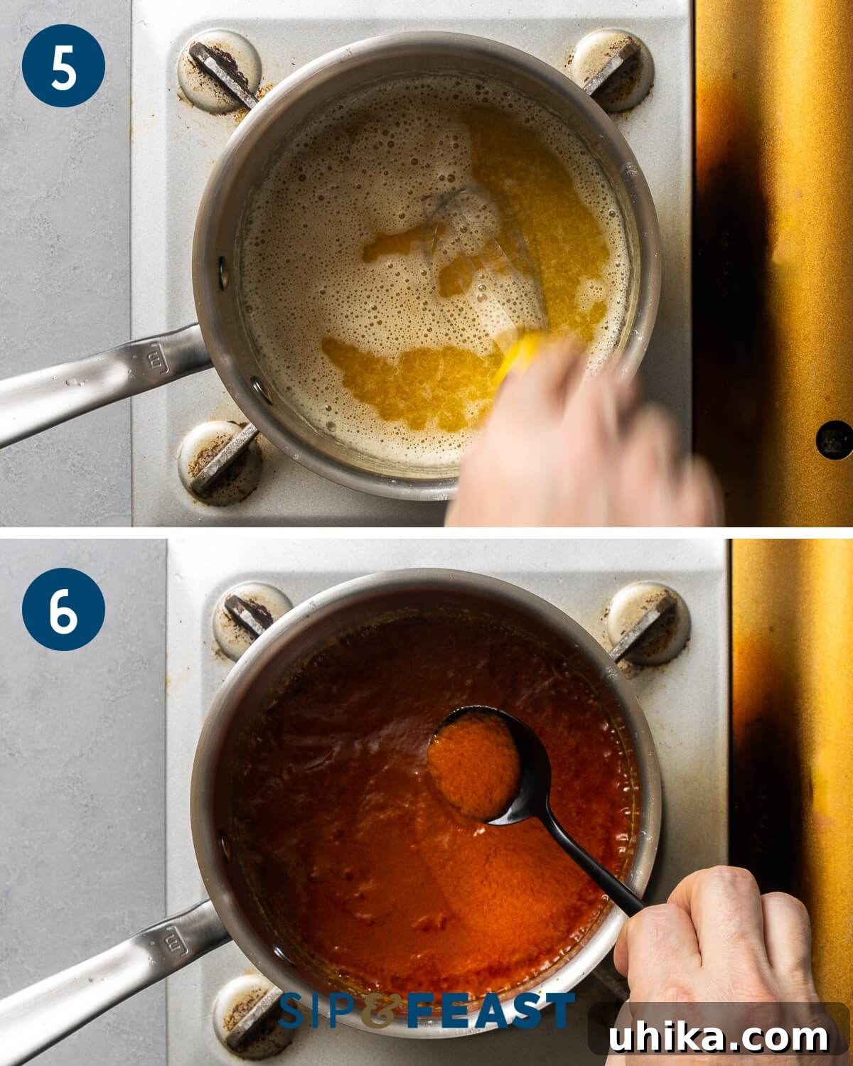Buffalo Wing Perfection 6 Process collage showing the creation of buffalo sauce with melted butter, flour, and Frank's RedHot sauce being whisked together.