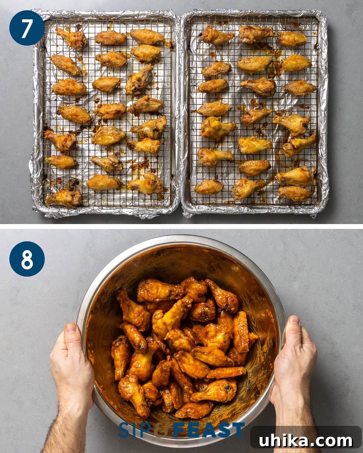 Buffalo Wing Perfection 7 Process collage showing finished oven baked buffalo wings ready to be tossed with the sauce in a large mixing bowl.