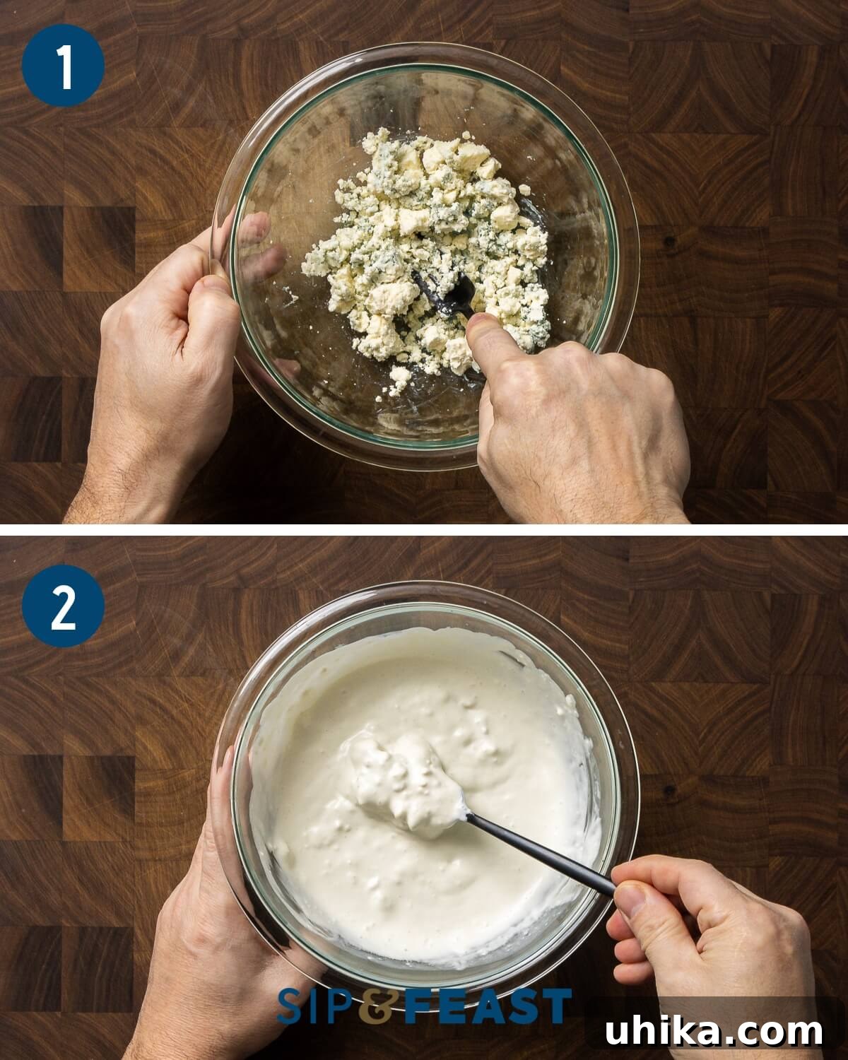 A two-part image collage illustrating the blue cheese dressing making process: first, mashing blue cheese with a fork in a bowl, and second, mixing all ingredients together to form the dressing.