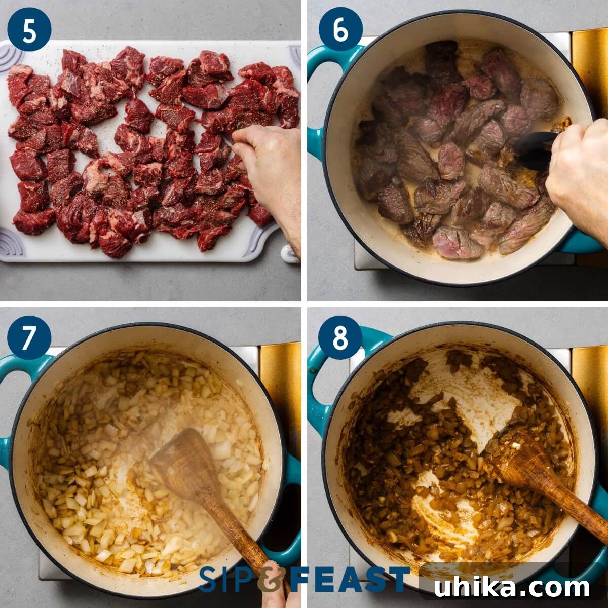 Crimson Beef Chili 5 Chili Colorado recipe process collage group two showing seasoning and searing of beef and sauteing onions in pot.