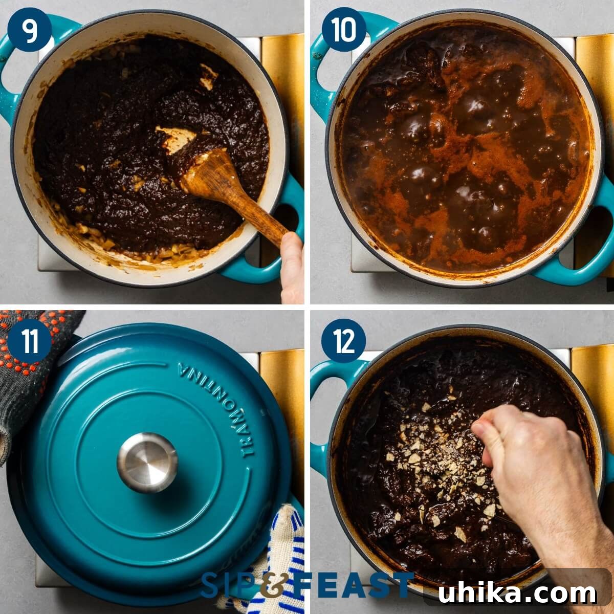 Crimson Beef Chili 6 Chili Colorado recipe process collage group three showing cooking chili sauce and and adding beef and stock to the pot.