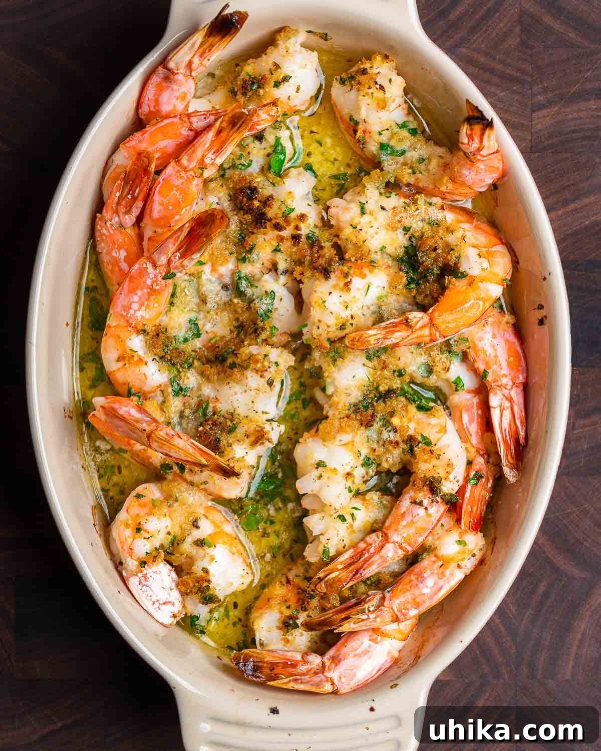 Zesty Oregano Shrimp 7 Overhead shot of shrimp oreganata on walnut cutting board.