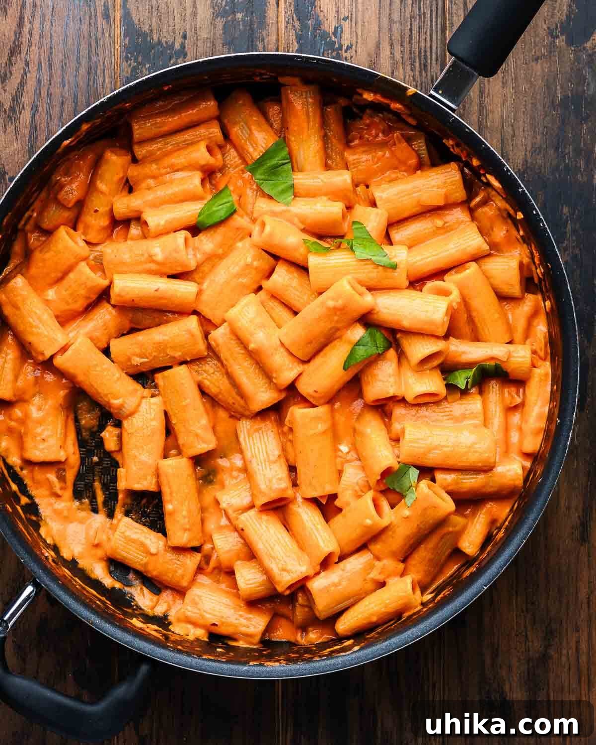 Podcast 35: First Date Food: Safe Bets & Risky Business 3 Overhead shot of large black pan with rigatoni alla vodka.