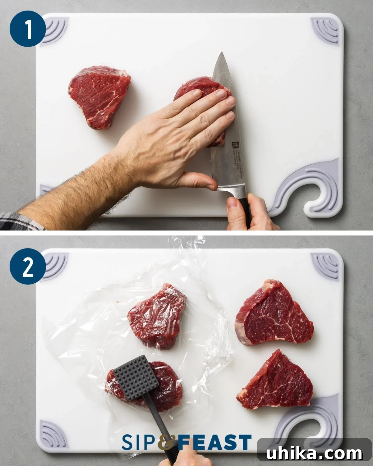 Vintage Flambéed Steak Diane 4 Collage of initial Steak Diane recipe preparation steps: trimming beef tenderloin, slicing it into medallions, and pounding them to an even thickness.