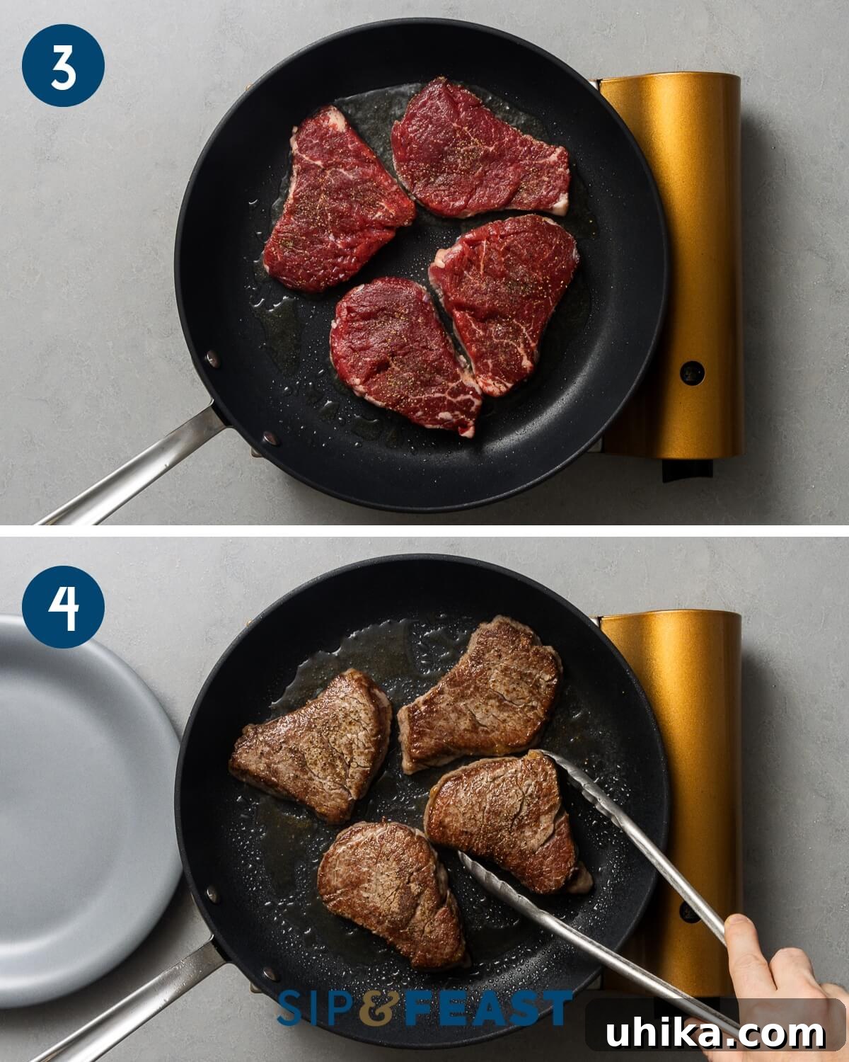 Vintage Flambéed Steak Diane 5 Collage showing the searing of beef medallions in a hot pan, achieving a golden-brown crust.