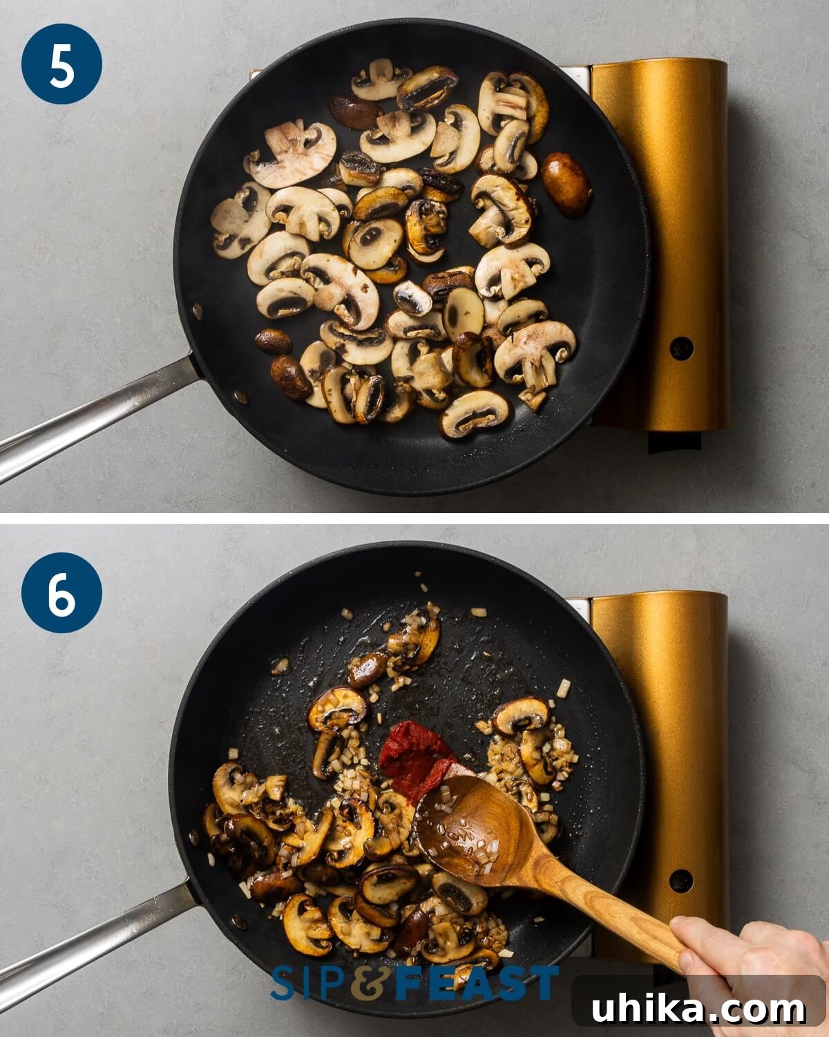 Vintage Flambéed Steak Diane 6 Collage depicting mushrooms sautéing in a pan, followed by the addition of tomato paste to create a rich base for the sauce.