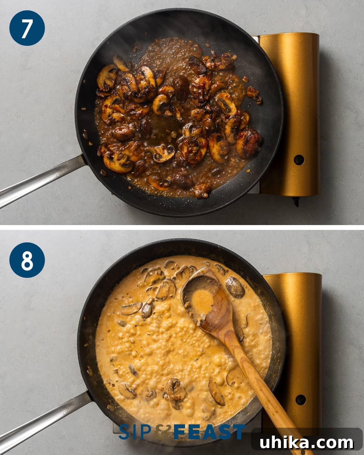 Vintage Flambéed Steak Diane 7 Collage demonstrating the deglazing process in the pan, followed by the simmering of the rich cognac cream sauce.