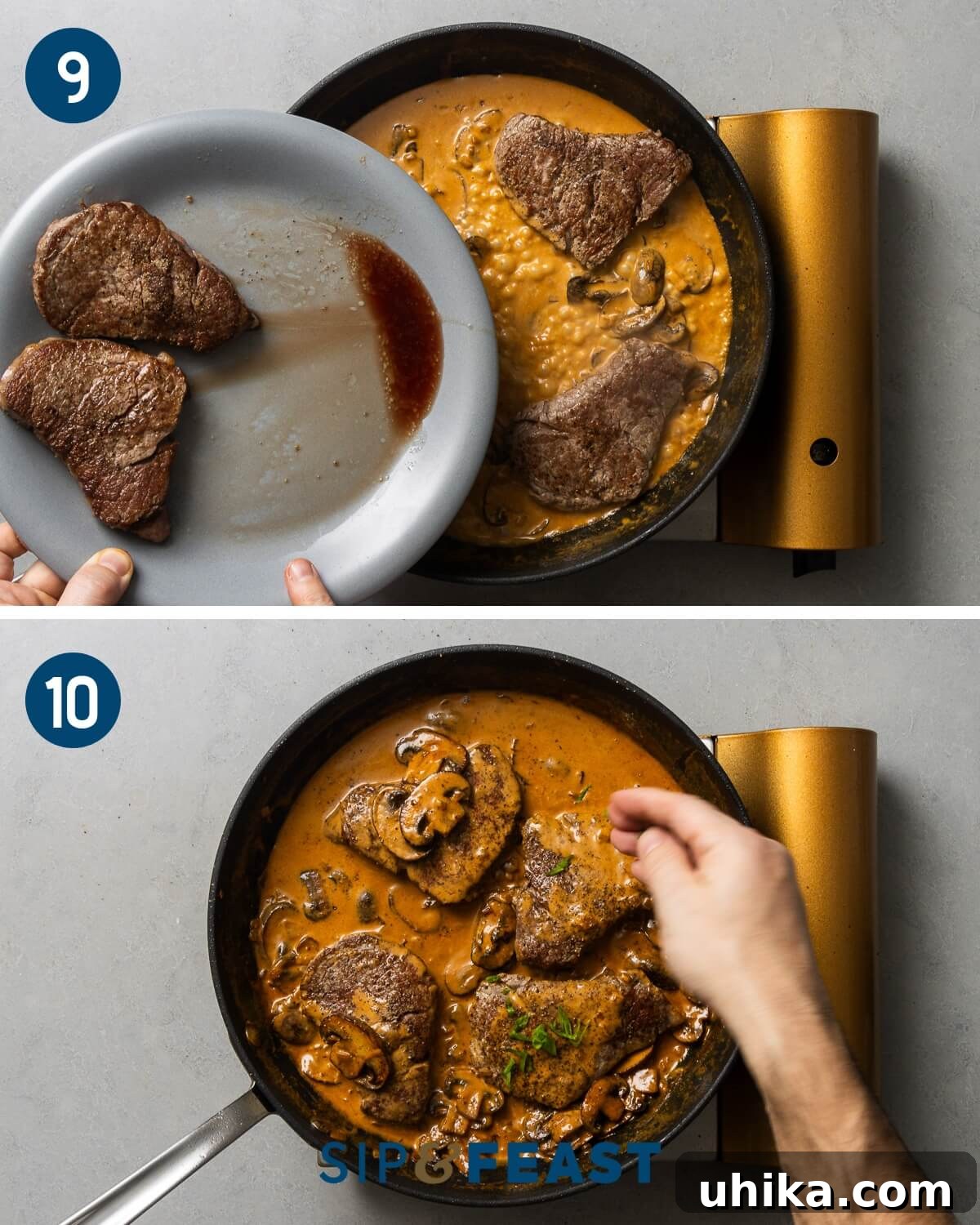 Vintage Flambéed Steak Diane 8 Collage showing the final stages of Steak Diane preparation: adding the beef back to the sauce, followed by finishing with fresh herbs like parsley and chives.