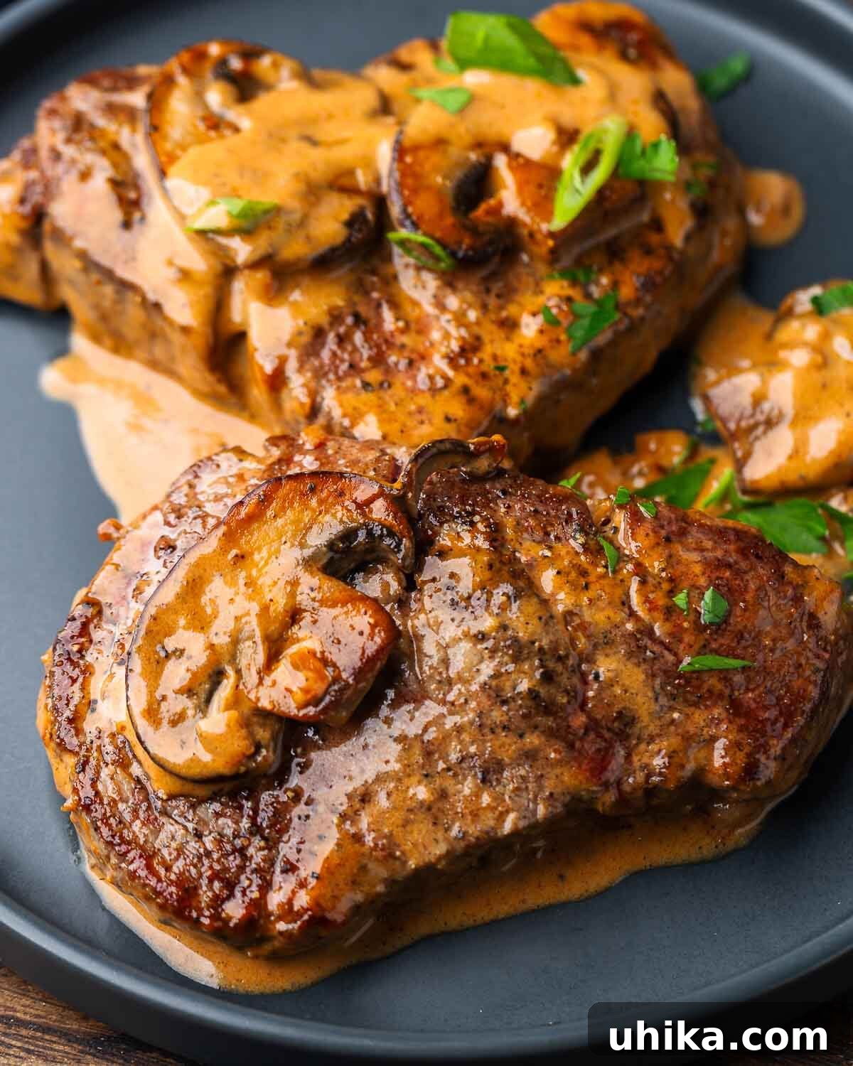 Vintage Flambéed Steak Diane 9 Two perfectly cooked beef tenderloin medallions generously covered in a pinkish-brown mushroom cream sauce, presented on a minimalist grey plate.