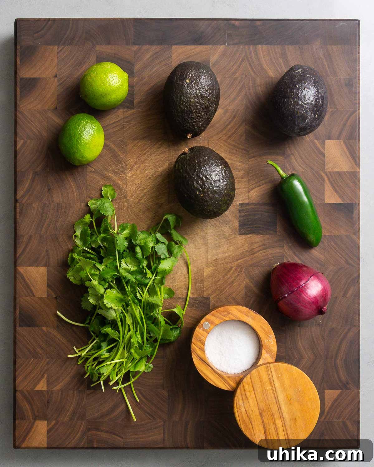 Guacamole Perfection 4 Ingredients shown: limes, avocados, jalapeno pepper, cilantro, onion, and salt.