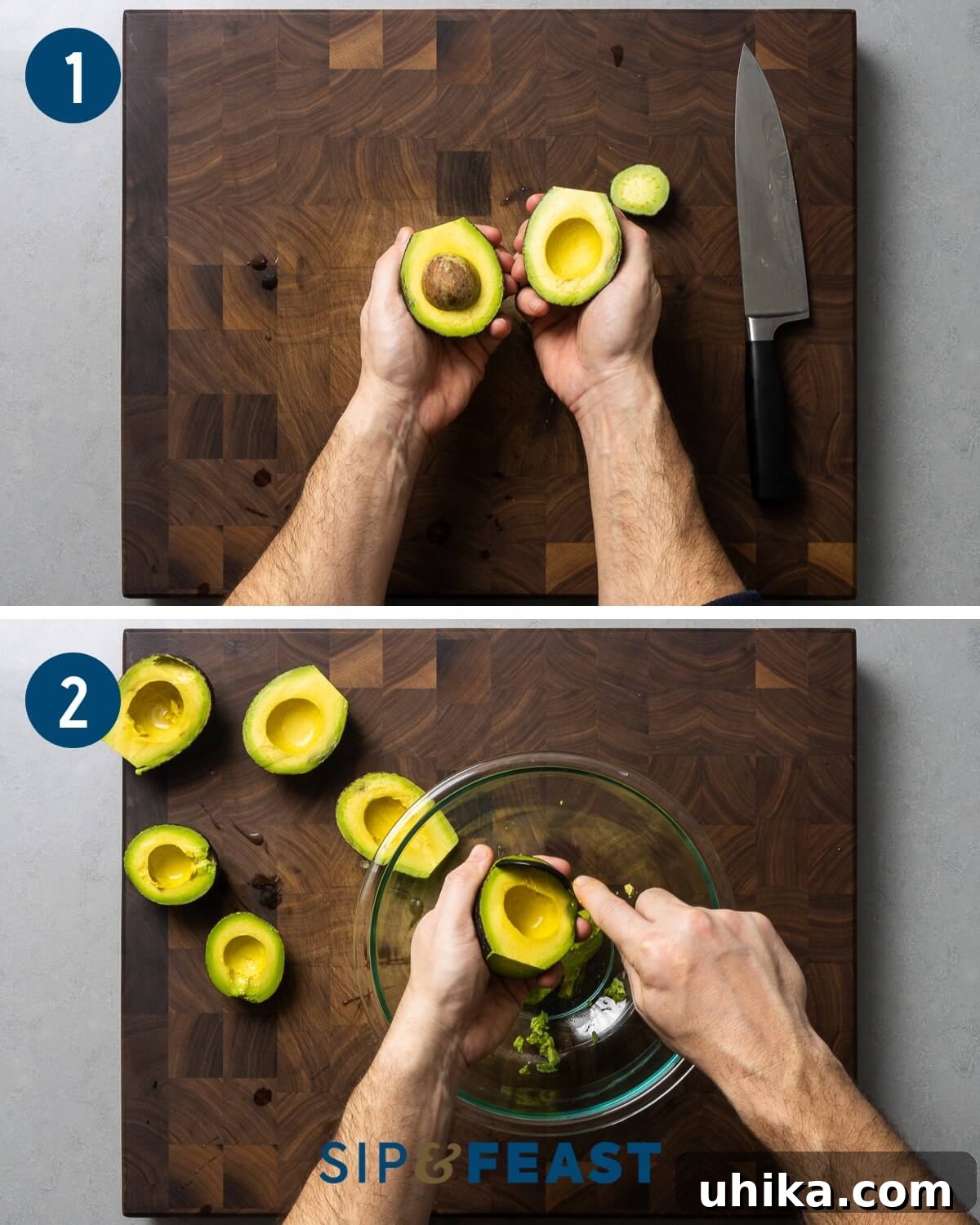 Guacamole Perfection 5 Guacamole recipe process shot collage group one showing cutting and scooping of avocado into bowl.