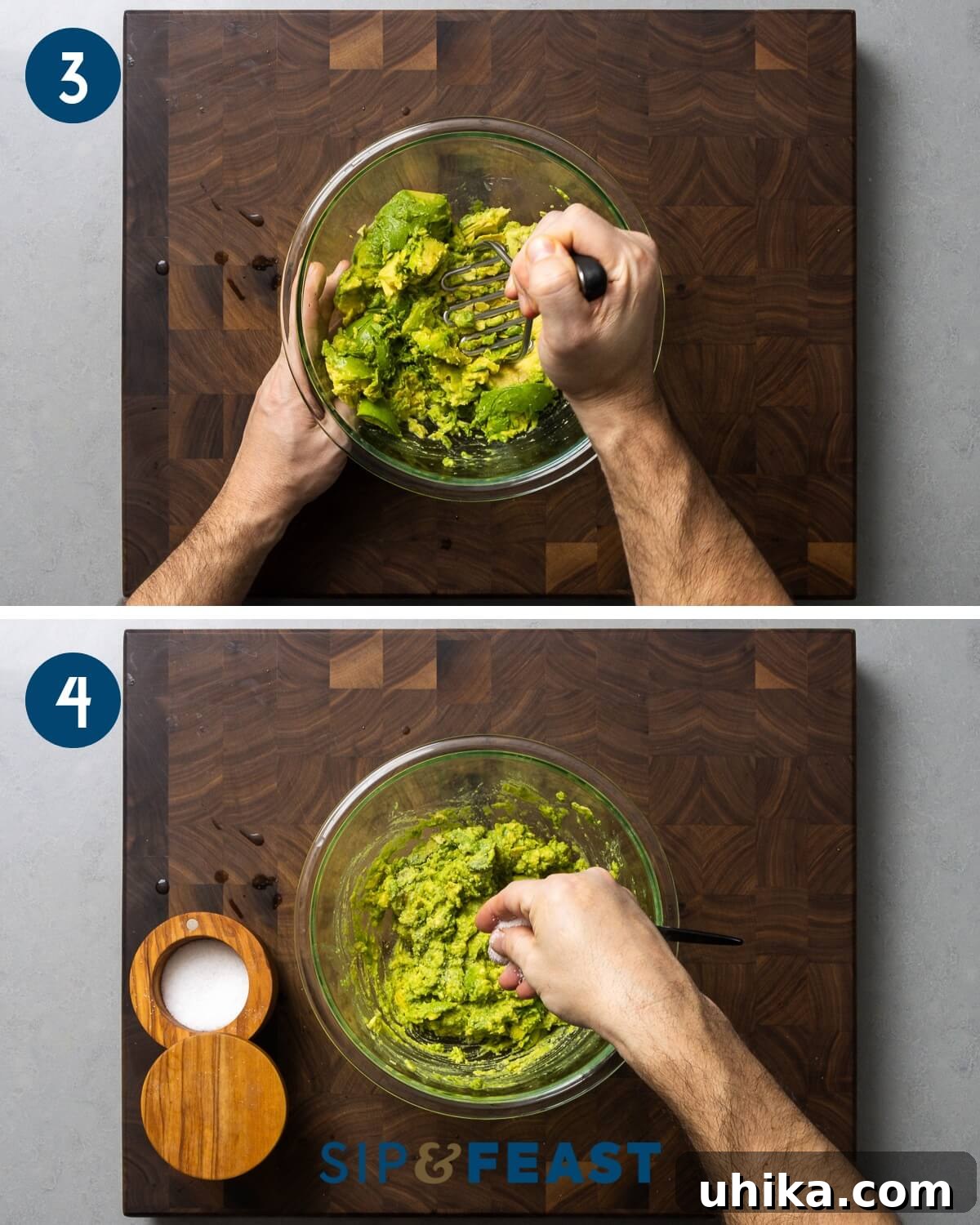 Guacamole Perfection 6 Recipe collage two showing mashing of avocado and seasoning with salt.