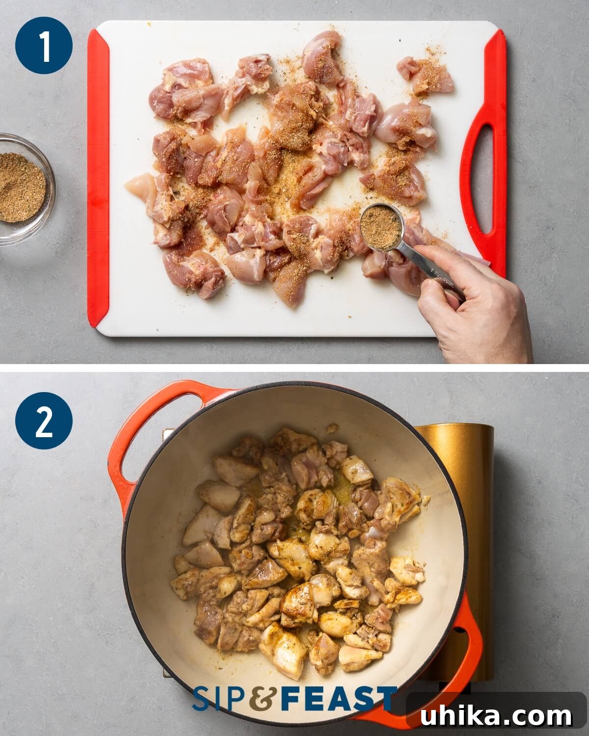 Creole Comfort 4 A collage showing the initial steps of the Jambalaya recipe: seasoning chicken thighs and then searing them in a Dutch oven until beautifully browned.