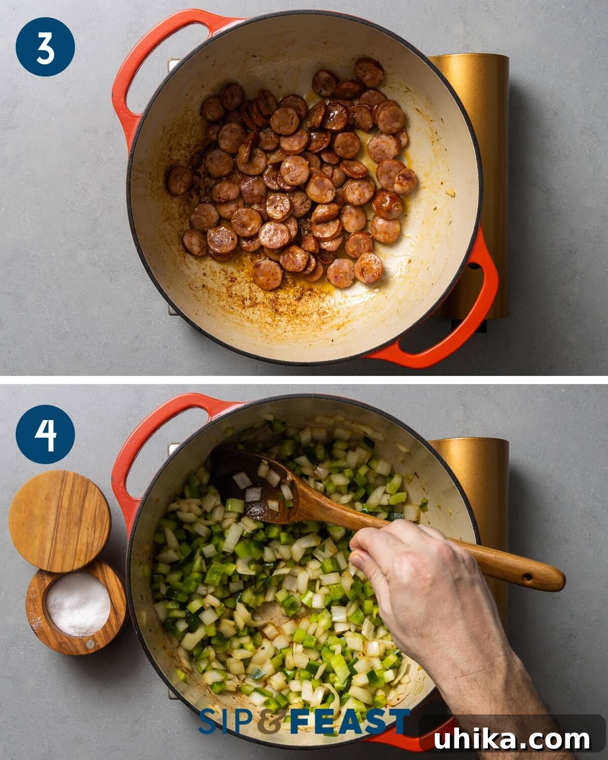 Creole Comfort 5 A two-part recipe collage illustrating the searing of Andouille sausage to develop flavor, followed by the sautéing of the aromatic 'holy trinity' vegetables in the same pot.