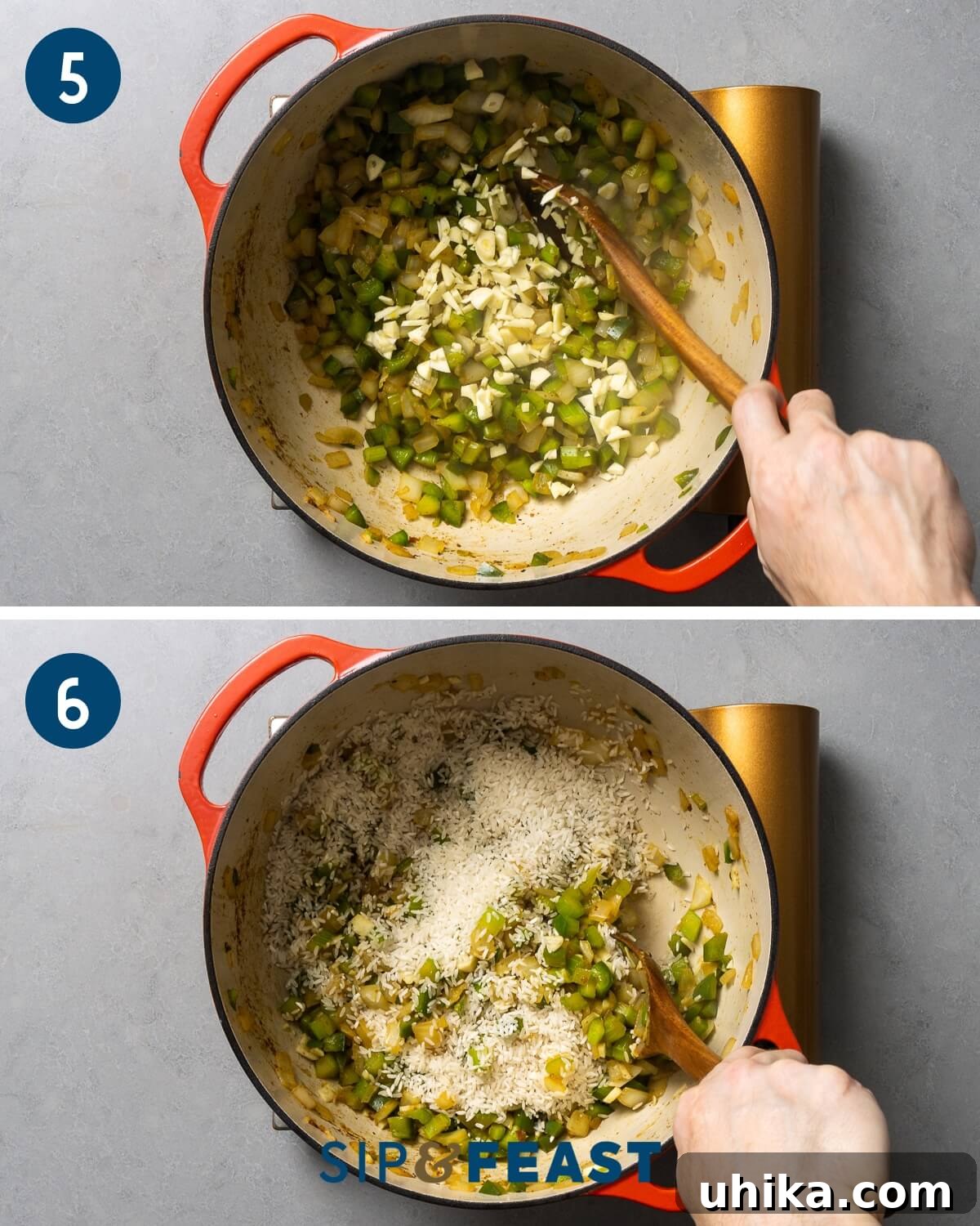 Creole Comfort 6 A multi-step recipe collage showing the addition of fragrant minced garlic to the sautéed vegetables, followed by the incorporation of long-grain white rice into the pot.