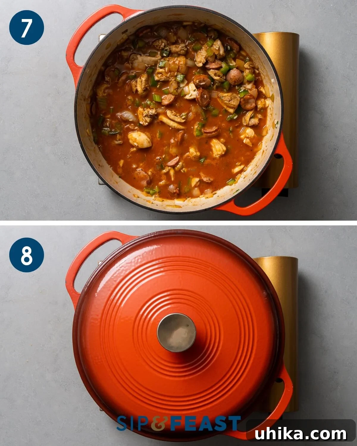 Creole Comfort 7 A recipe collage featuring the pot of Jambalaya ingredients brought to a boil, then covered with a tight-fitting lid to simmer and cook the rice.