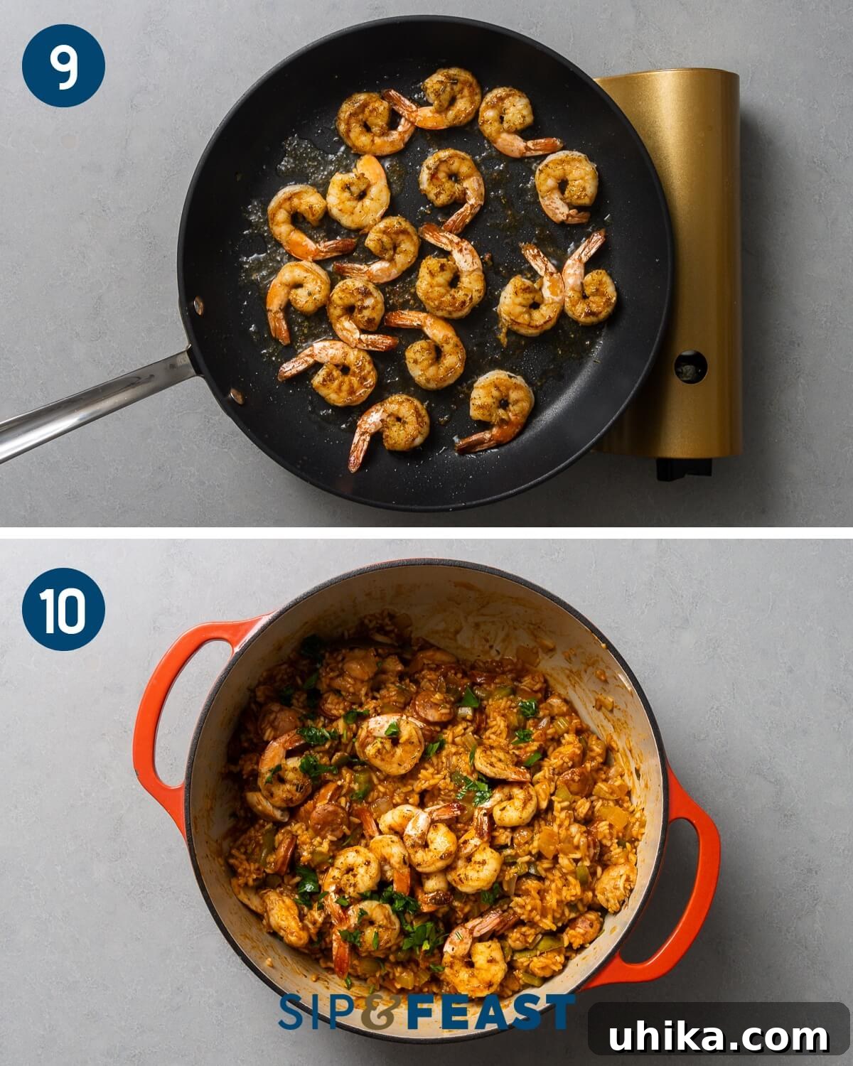 Creole Comfort 8 A recipe collage showing the final steps: sautéing seasoned shrimp in a separate pan, then adding the cooked shrimp to the tender Jambalaya in the pot.