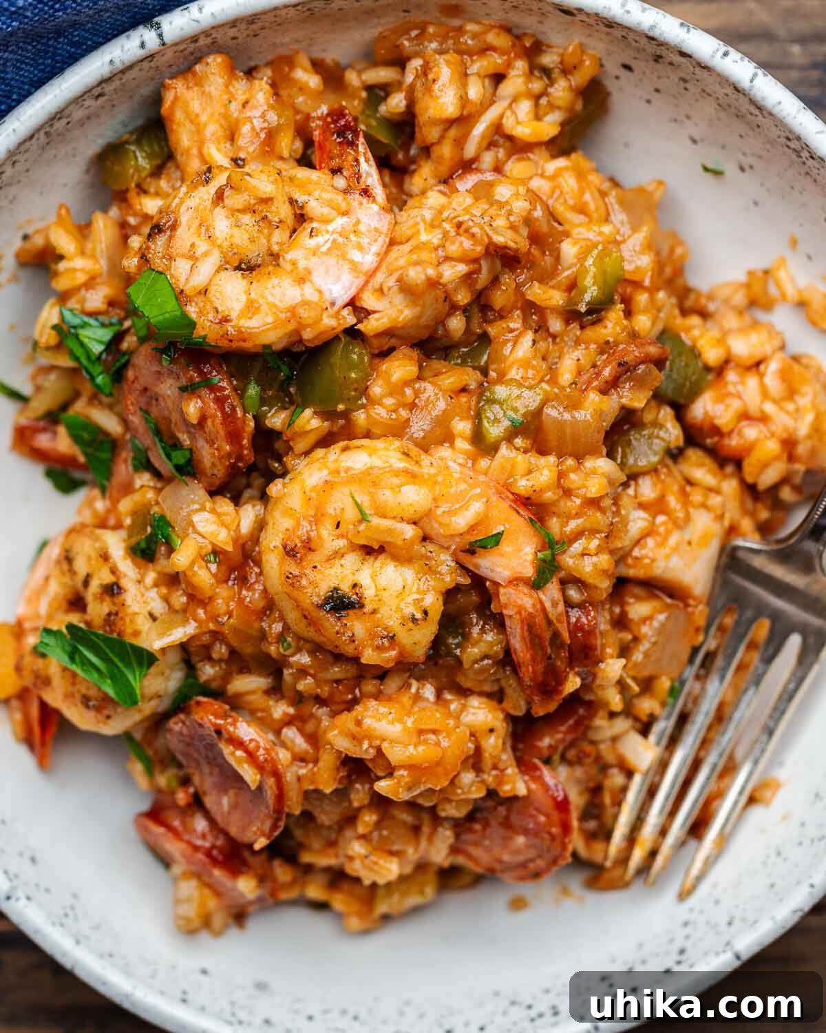 Creole Comfort 9 A pristine white bowl filled with richly colored Jambalaya, garnished with fresh green parsley.