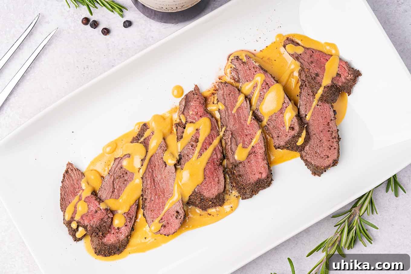Juniper-Kissed Nordic Venison Tenderloin 3 A white oblong platter arranged with slices of medium-rare roasted venison tenderloin drizzled with gjetost cheese sauce.