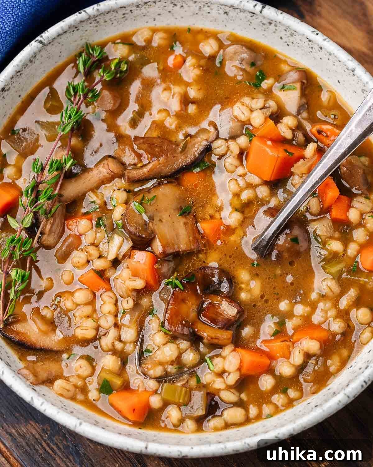 Hearty Mushroom Barley Soup 2 White bowl of mushroom barley soup, garnished with fresh herbs.