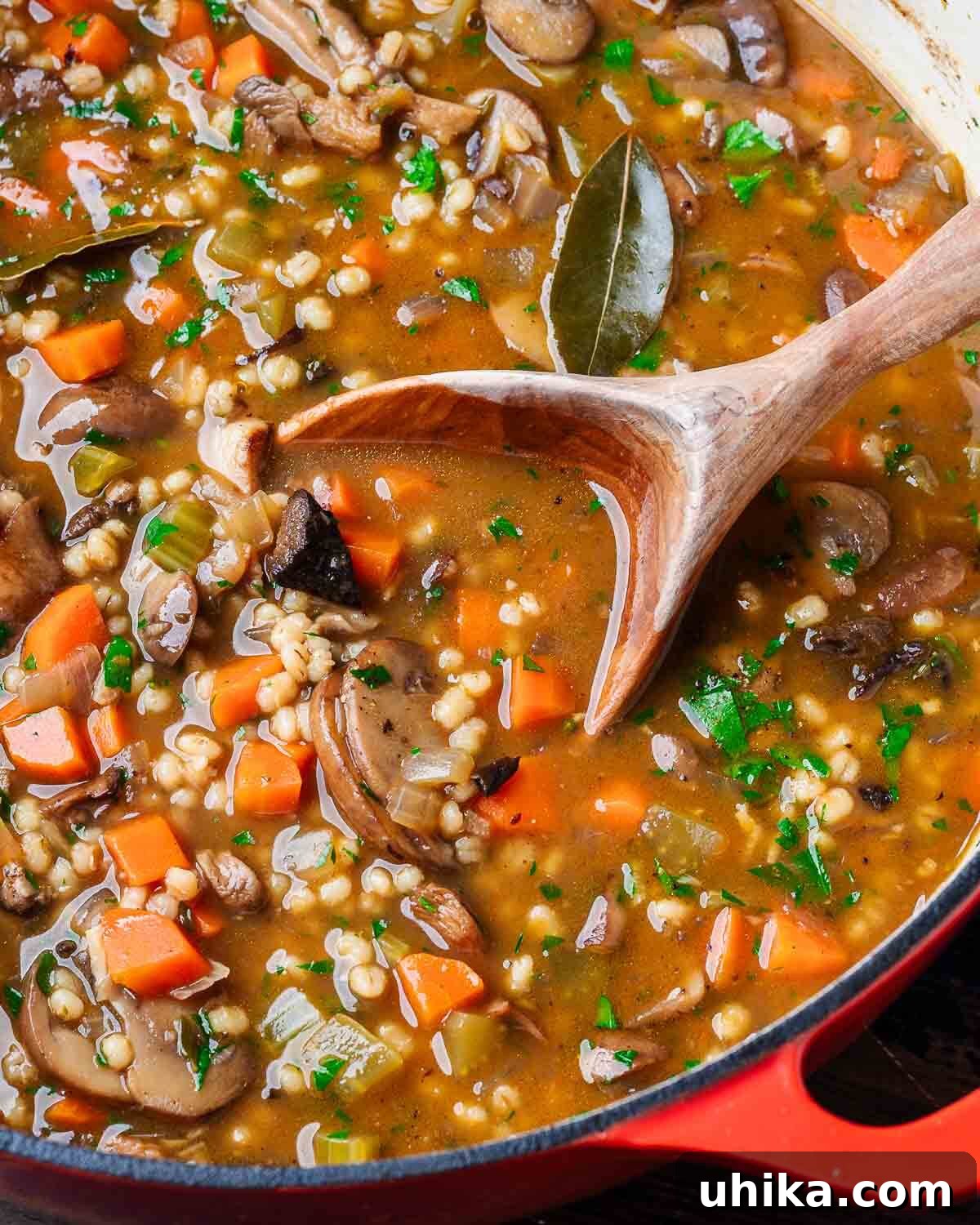 Hearty Mushroom Barley Soup 4 Large pot of mushroom barley soup with a wooden ladle, ready to be served.
